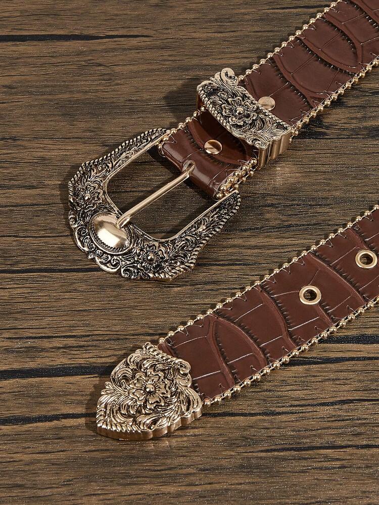 一条西部风格压纹金边装饰腰带，采用优质PU材质，适合日常穿着、波西米亚风、万圣节、夏季、秋季、冬季、外出、运动、晚宴、派对、搭配牛仔裤、返校、毕业典礼、送礼、通勤等场合。 - 棕色 - 查看 4