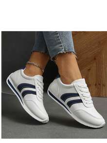 女士休闲户外运动鞋，几何图案运动针织系带运动鞋，适合居家及所有季节穿着