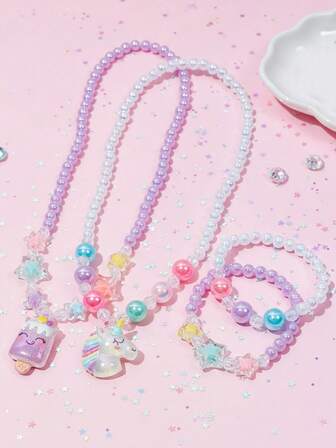 2pcs/Set Girls' Cute Unicorn Pendant Necklace Bracelet Charm Beaded Jewelry Set, Suitable For Girls' Holiday Party Birthday Gift, Daily Wear, Random Color