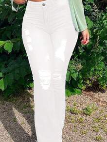 Women's Mid-Rise Flare Jeans - Stretchy Distressed Denim Jeans, Classic Washed Solid Color Retro Style, Casual Everyday Wear - White - View 5