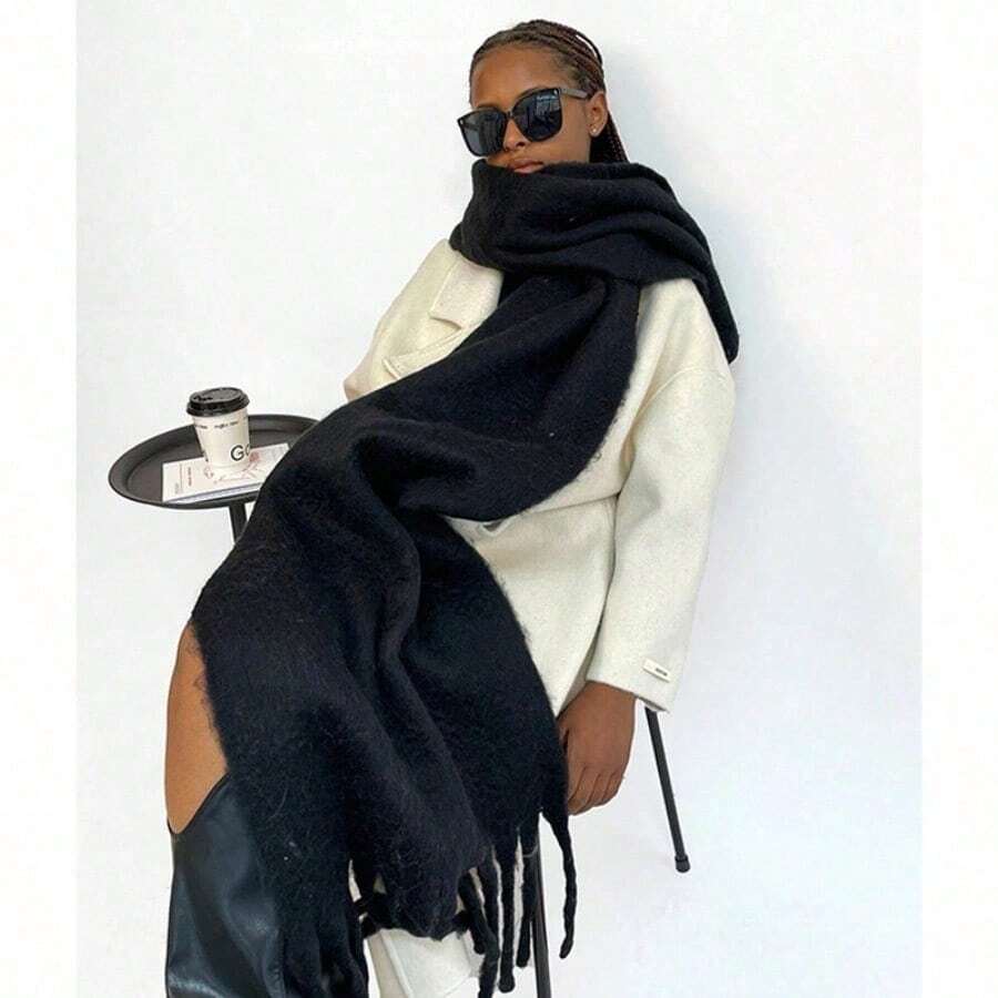 1 Women's Winter Plush Long Scarf With Fringe - Soft And Thick, Windproof And Warm Scarf, Multi-Functional For Everyday Wear, Suitable As A Christmas Gift - 黑色 - 查看 1