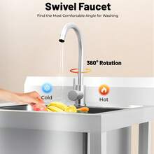Freestanding Stainless Steel Sink With Adjustable Height, Large Capacity, 4.33" Drain, 360° Rotatable Faucet, Ideal For Kitchen, Laundry, And Commercial Use - Silver - View 3