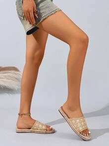 天然亚麻绳底拉菲草时尚手工舒适女式拖鞋 - 彩色 - 查看 2