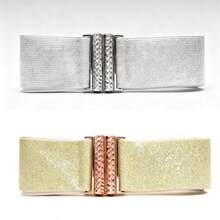 Women's Gold And Silver Elastic Waist Belt Paired With A Feather Down Dress Coat And Waist Cincher, Everyday Commuting Outfit Combination. - Multicolor - View 1