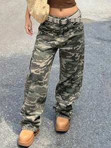 Women's Y2K Casual Loose Fit Camo Bucket Denim Jeans - Khaki - View 4
