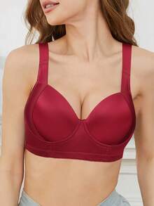 Hersunei 蜜桃女孩酒红色亮面钢圈文胸 - 宽舒适肩带，性感流畅设计，钢圈支撑，适合全天穿着，展现性感魅力 - 酒紅色 - 查看 4