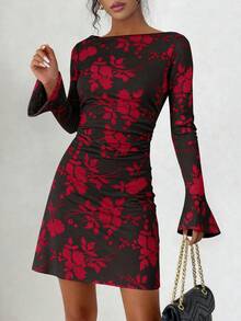 PRETTYGARDEN Women's Spring And Fall Fashion Floral Long Sleeve Mini Dress Mesh Bodycon Short Party Date Night Going Out Dresses Dhristmas New Years Valentine Vacation Dresses For Women - 黑底紅花 - 查看 2