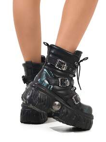 Autumn/Winter Gothic Cyberpunk Style Lace-Up Platform Boots, Retro Fashion Thick Sole Shoes For Women - Dark Blue - View 5