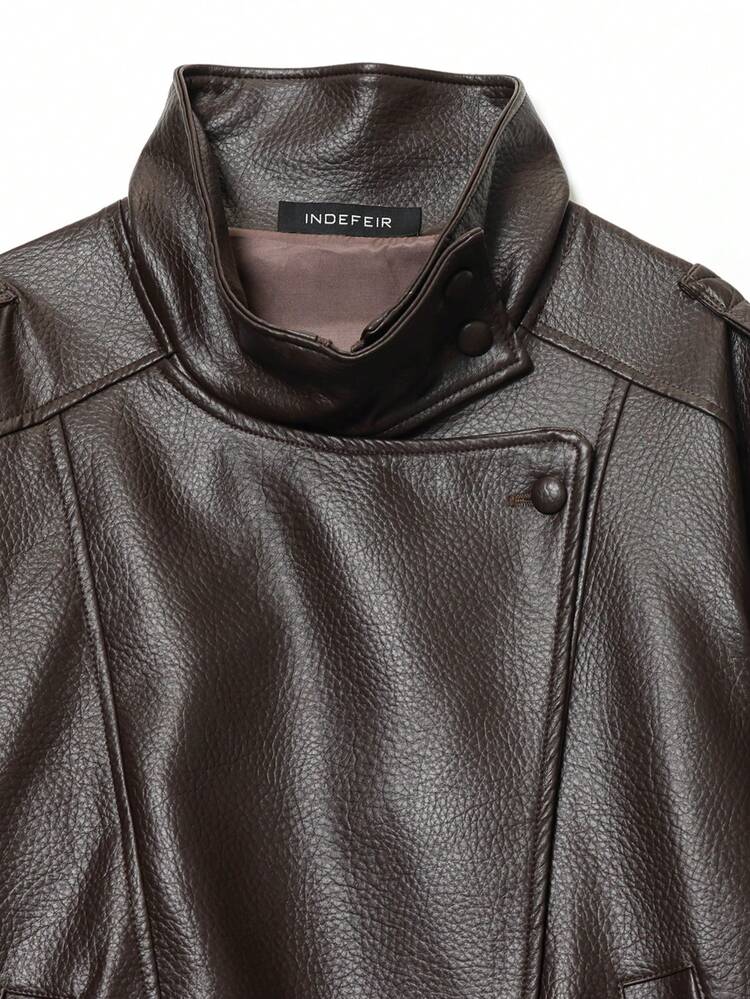 SHEIN x Luisa Sonza Seelio Autumn/Winter New Women's Fashion Leather Jacket, Minimalist European Style, Versatile Litchi Texture - Brown - View 5