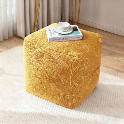 Unstuffed Boho Textured Pouf Cover, Organic Modern Mid  Rainbow Tufted Storage Bean Bag Cubes, Farmhouse Square Ottoman Pouf Foot Rest Footstool, 18"X18"X18", Cover ONLY, Mustard Yellow,26728455
