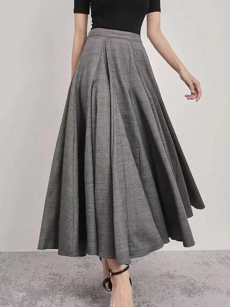 Women's Elegant Long Skirt - Fashionable Casual Solid Color Layered A-Line Skirt, Formal/Party/Daily Wear, Machine Washable Non-Sheer Long Skirt, Suitable For Gatherings, Events, Office - Autumn/Winter , Non-Sheer Fabric Spring - Grey - View 1