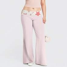 Plus Size Light Pink Star Pattern Flare Pants, Soft Fabric Elastic Waist,  Casual Daily Wear Trousers For Women - 粉色 - 查看 1