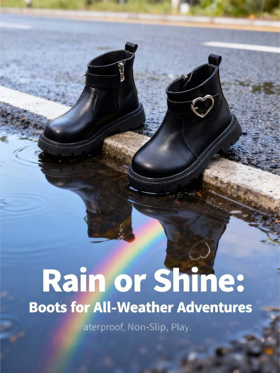 1 双时尚女童皮靴，儿童黑色踝靴，幼儿白色校鞋，心形扣和侧拉链设计，适合秋冬季假期和日常穿着