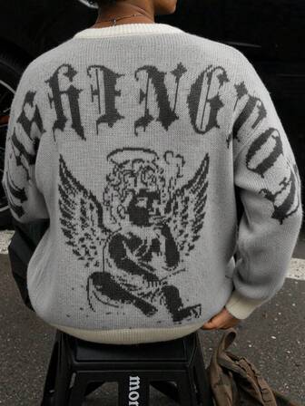 Nouveau pull d'automne/hiver personnalisé, motif ange de bande dessinée, jacquard tricoté, décontracté, rétro, polyvalent, col ras-du-cou, manches longues