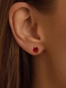 1Set 925 Sterling Silver Red Heart-Shaped Full Diamond Necklace Ring & Earring Set For Women Fine Jewelry Gift