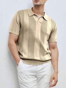 Men's Casual Summer Polo Top With Stripes And Patchwork Knit, Men's Summer Polo Top, Solid Color Short Sleeve Knit Sweater For Men, Summer Fashion - 米色 - 查看 1