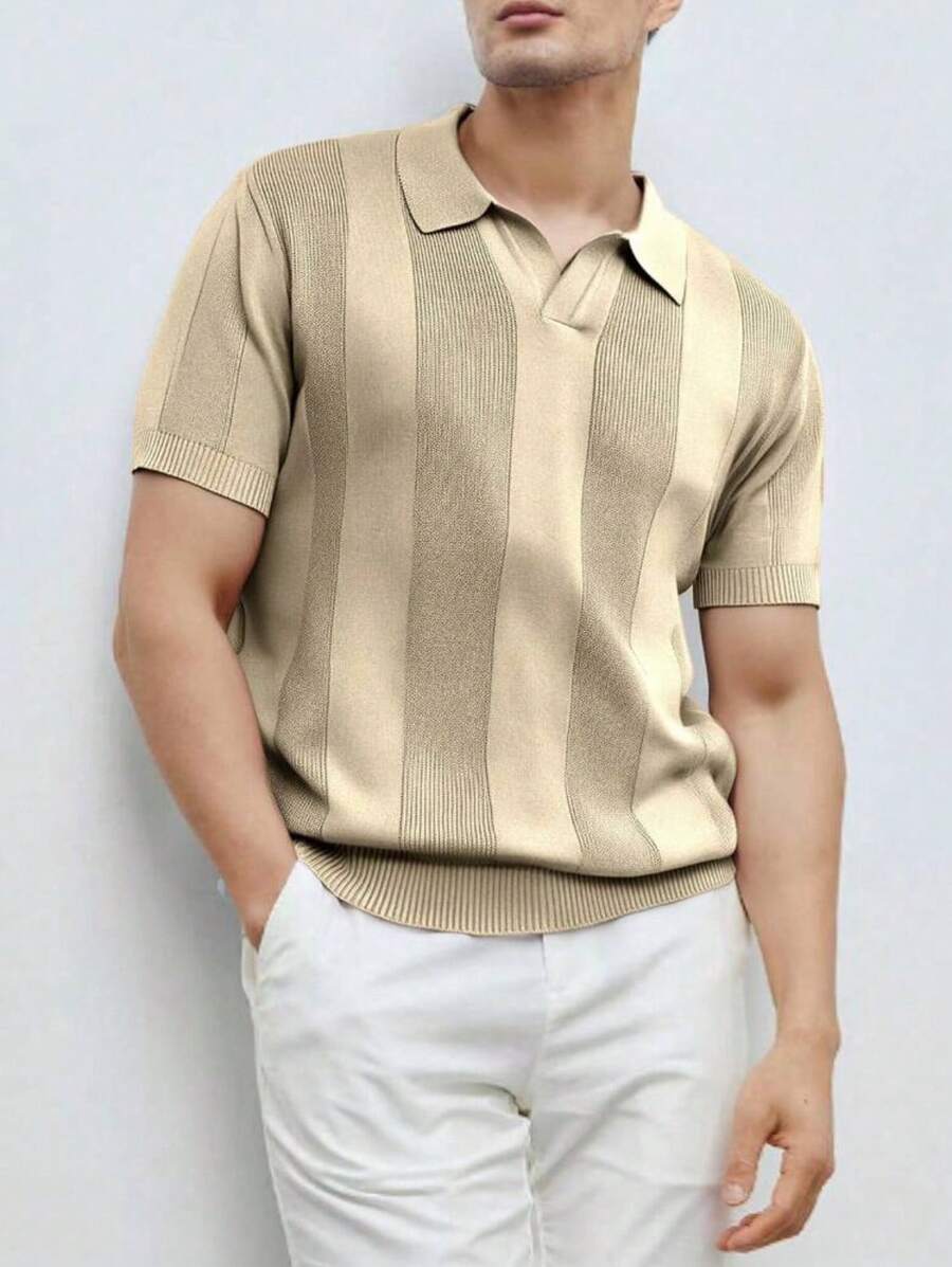 Men's Casual Summer Polo Top With Stripes And Patchwork Knit, Men's Summer Polo Top, Solid Color Short Sleeve Knit Sweater For Men, Summer Fashion - 米色 - 查看 1
