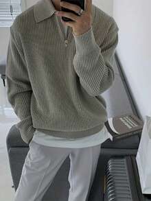 Men's Casual Zip-Up Knitted Sweater With Collar, Versatile For Autumn/Winter
