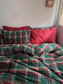 Cirelle 3pcs 100% Polyester Christmas Green Plaid Duvet Cover Set, 2 Pillow Shams + 1 Duvet Cover (No Bed Sheet) - Multicolor - View 6