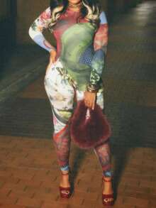 Mono estampado de manga larga y cuello redondo DOUCIU, ajustado, para eventos de discoteca - Verde - Ver 3