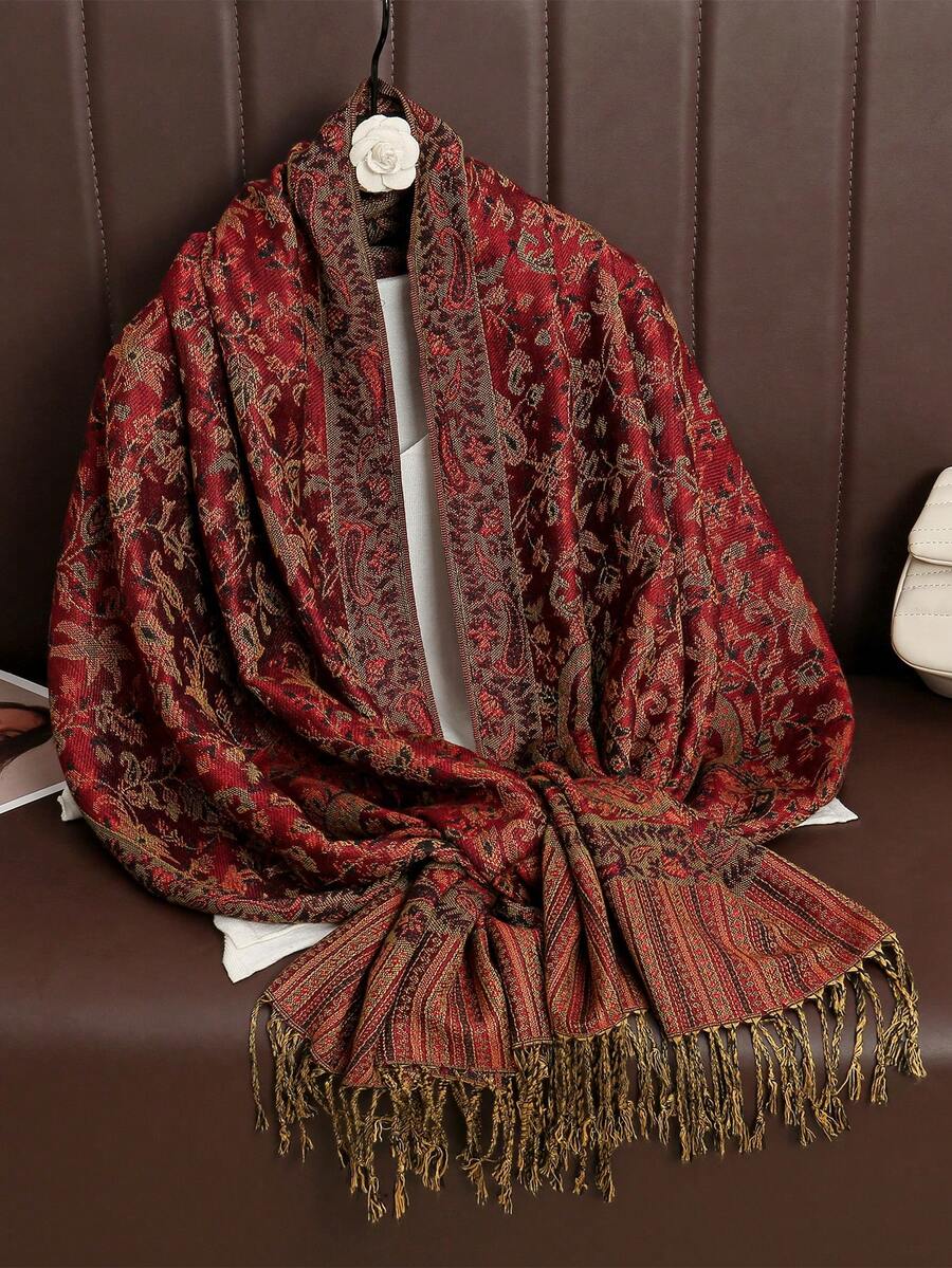 1 chiếc khăn choàng Pashmina ấm áp, phong cách Bohemian thanh lịch, họa tiết Paisley Jacquard dành cho nữ, kiểu dáng giản dị, có tua rua, thích hợp cho mùa thu/đông, đi biển, du lịch.