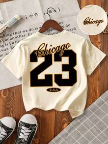 Áo thun cổ tròn tay ngắn in chữ cho bé trai, đa năng, thoải mái - Màu be - Xem 3