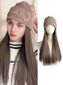 女士假发和帽子一体式设计，16英寸长直发合成假发，保暖柔软，适合秋冬季节佩戴。