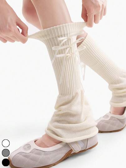 Women's White Bow Ruffle Leg Warmers, Sweet Lolita Style Cute Flared Cuff Mid,Calf Leg Warmers, Cozy