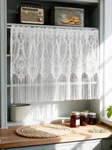 1pc White Lace Curtain With Long Tassels, Floral Embroidery Pattern, Princess Style, Sheer Short Cafe Curtain, Suitable For Kitchen, Bathroom, Bedroom Doorway, Rod Pocket Top - White - View 6