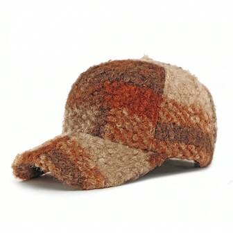 1pc Plaid Faux Teddy Fleece Warm Baseball Cap, Unisex Retro British Style Snapback Hat, Autumn/Winter