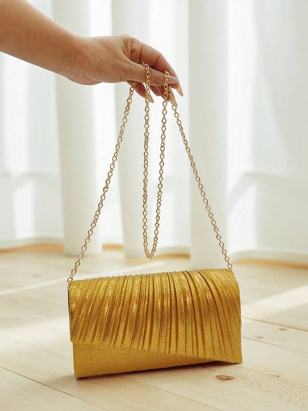 حقيبة مساء نسائية ذات لون أحادي ولمعان مطوية، حقيبة يد باللون الذهبي مناسبة للزفاف والحفلات والاستخدام اليومي