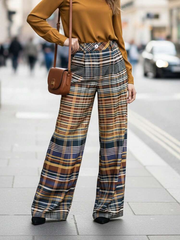 Lightweight Brown Plaid Wide-Leg Trousers For Summer, With Pockets, Versatile For Everyday Wear And Commuting - Mocha Brown - View 2