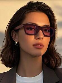 1 pieza Exquisito marco geométrico cuadrado de gafas de moda de color rojo vino para mujeres, adecuado para reuniones al aire libre, viajes y caminatas, exquisito y elegante, simple y versátil - Marco rojo vino con ribete rojo - Ver 4