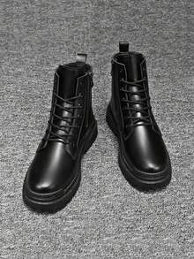 男士高帮靴，秋冬季百搭黑色真皮休闲鞋，耐磨低帮工装鞋，新款时尚休闲鞋，可搭配正装，系带金属鞋眼 - 黑色 - 查看 7