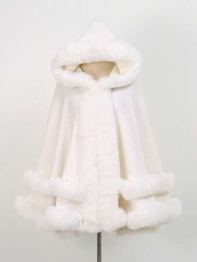 1pc Solid Color Double-Layer Faux Fur Hooded Shawl