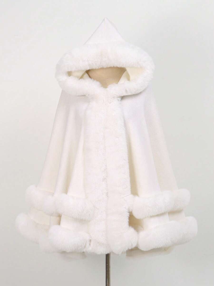 1pc Solid Color Double-Layer Faux Fur Hooded Shawl - Multicolor - View 1