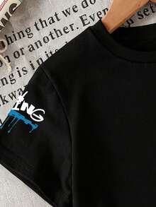 男童字母和滑板印花圆领短袖休闲T恤 - 黑色 - 查看 3