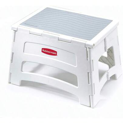 Rubbermaid RM-PL1W Folding 1-Step Plastic Step Stool For Kitchen 300-Pound Capacity White