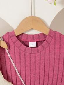 两件套女童休闲套装 - 无袖蝴蝶结装饰上衣和长袖及膝连衣裙，春、秋、冬季时尚套装 - 玫紅色 - 查看 6