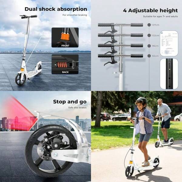 Kick Scooter For Ages 7+ Max 100kg Foldable Adult Scooter With 2 Big Wheels  Skating 4 Adjustable Levels Lightweight And Portable Dual Shock Absorption Disc Brake…