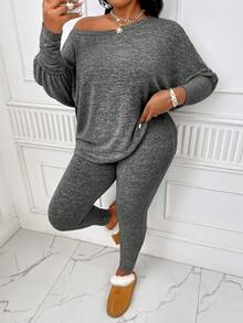 BIUBIU 大码女式纯色圆领蝙蝠袖上衣和裤子休闲套装，春秋季优雅款 - 花灰色 - 查看 1