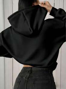 简约设计女士宽松长袖套头卫衣，适合秋季、冬季、春季穿着，也可作为万圣节服装、休闲外套，黑色，时尚女式卫衣 - 黑色 - 查看 2