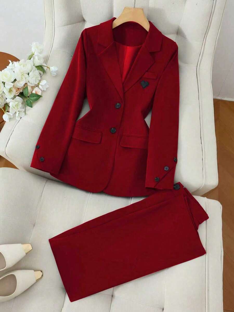 Solid Color Single Button Long Sleeve Single-Breasted Waistcoat Suit Pants Two-Piece Set - Màu Đỏ Sâu - Xem 1