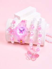 3件套女孩礼物：3D蝴蝶软硅胶表带儿童手表、创意LED发光石英学生手表、奢华公主亚克力蝴蝶项链手链首饰套装 - 粉色 - 查看 8