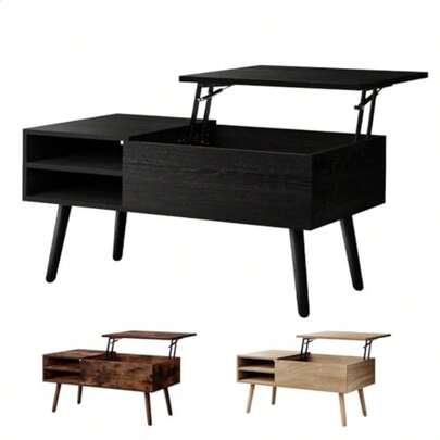 Lift Top Coffee Table With Hidden Compartment And Side Open Shelves Rising Tabletop Dining Table For Living Room Office Reception Convertible Center Table Black
