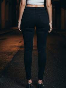 Jeans pantalón skinny liso entubado dama mujer femenino casual formal día noche tiro alto trendy original juvenil trabajo moderno sexy surprise jeans - Negro - Ver 5