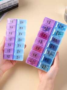 1 pièce/2 rangées 14 compartiments Boîte à pilules bleue et violette, portable et pratique. Grande capacité, étanche à l'humidité, facile à distinguer le matin et le soir. Boîte de rangement pour comprimés, capsules et vitamines avec identification en braille. Distributeur de médicaments pour 1 semaine, 7 jours AM et PM.