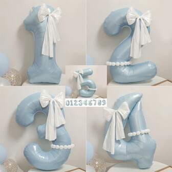 5件套40英寸蓝色数码气球装饰，包含一个白色蝴蝶结面纱和一个白色气球。适用于生日派对、家庭聚会、派对布置以及各种户外节日庆典的装饰。