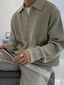 Men's Casual Zip-Up Knitted Sweater With Collar, Versatile For Autumn/Winter