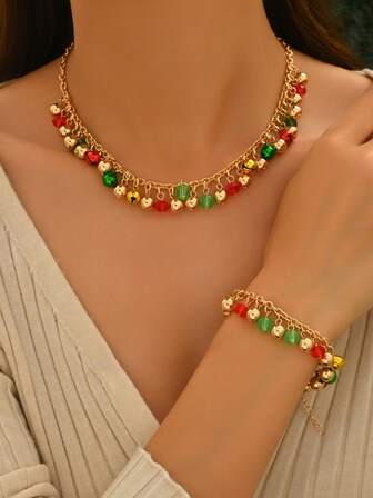 Set de 2 piezas de collar con colgante de campana y pulsera con cuentas de varios colores, de estilo minimalista y versátil para Navidad y días festivos
